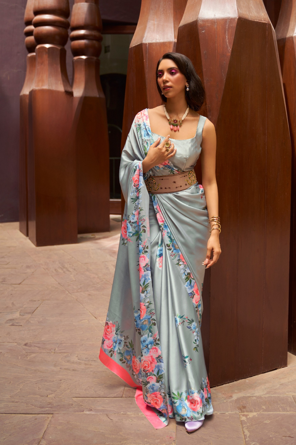 Digital Printed Satin Creep Saree with Smooth Silken Drape