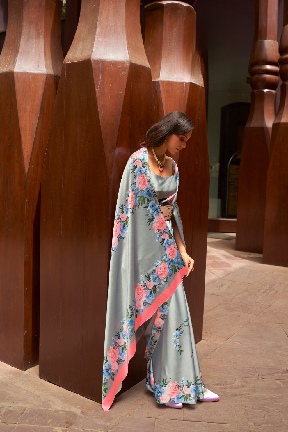 Digital Printed Satin Creep Saree with Smooth Silken Drape