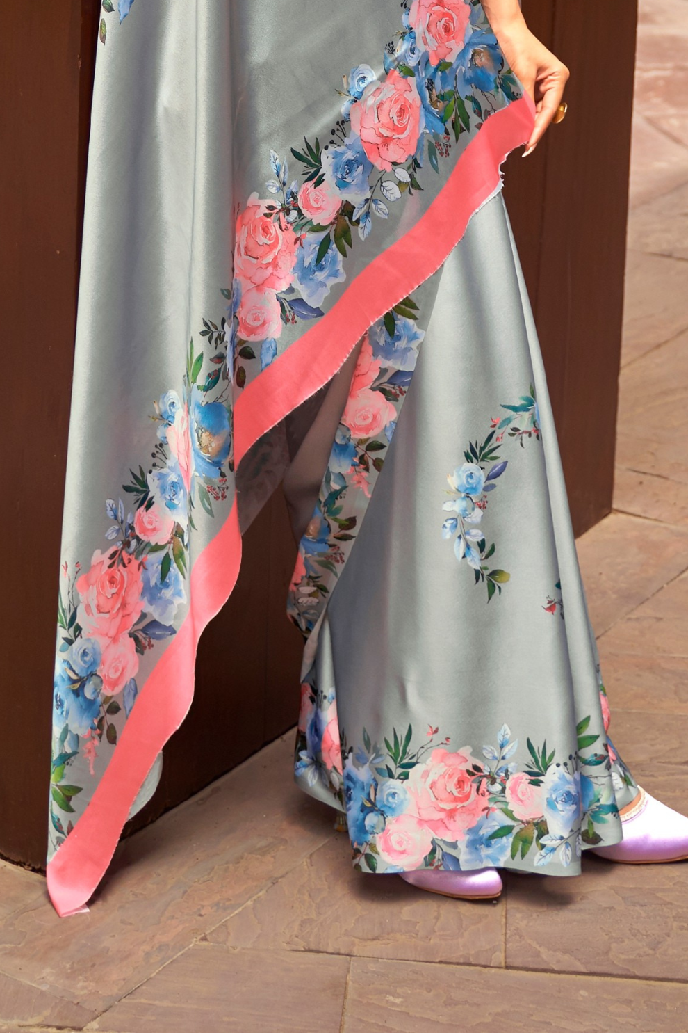 Digital Printed Satin Creep Saree with Smooth Silken Drape