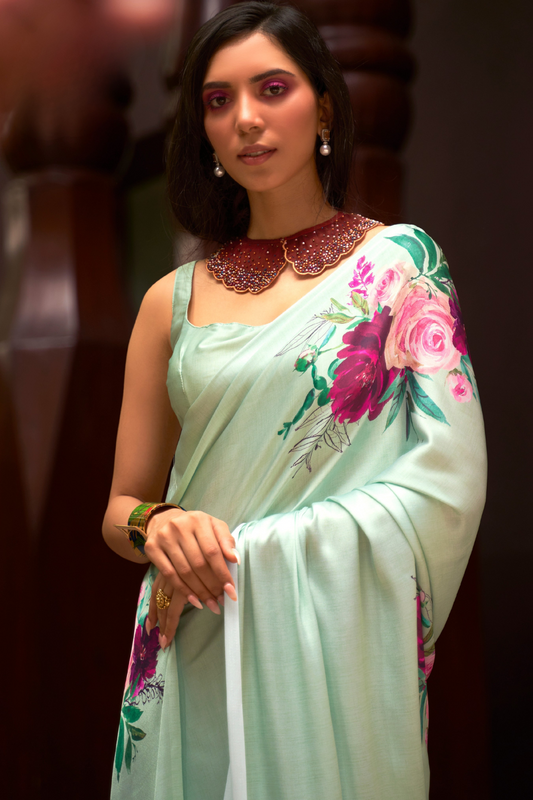 Digital Printed Satin Creep Saree with Smooth Silken Drape