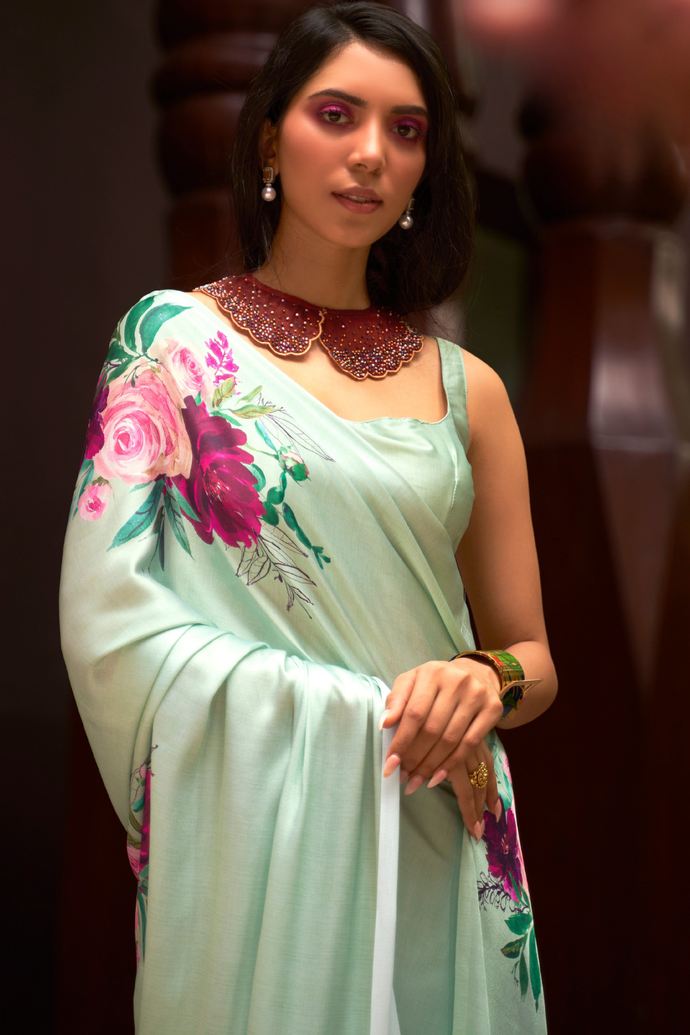 Digital Printed Satin Creep Saree with Smooth Silken Drape