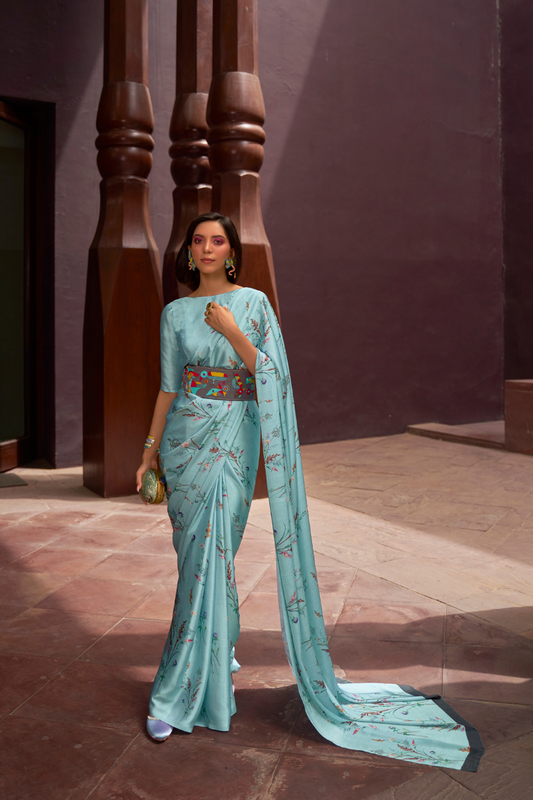 Digital Printed Satin Creep Saree with Smooth Silken Drape