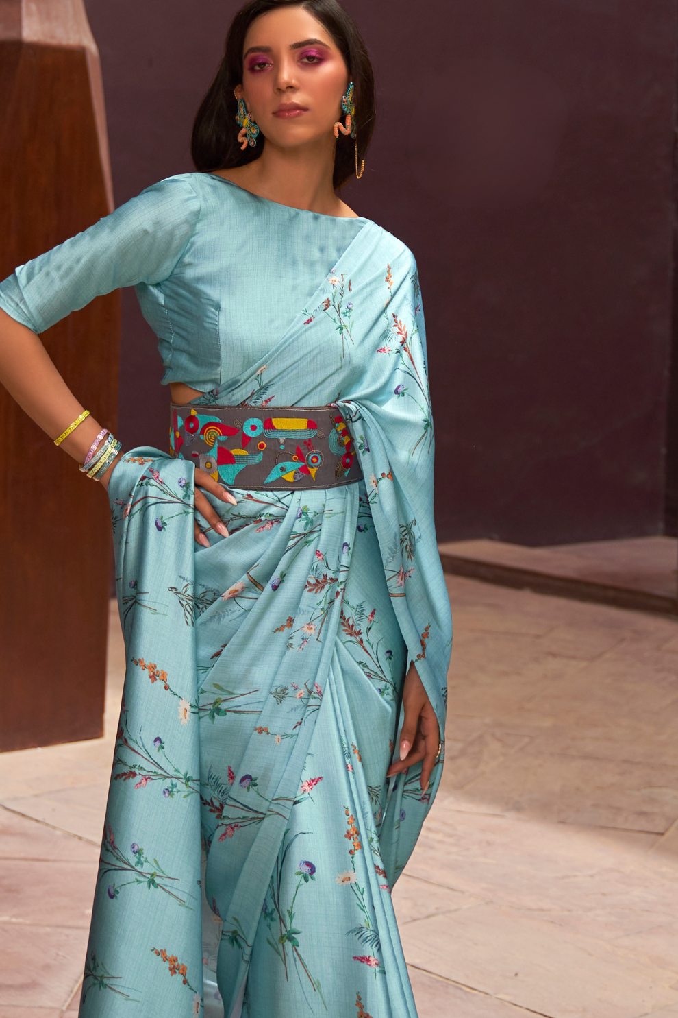 Digital Printed Satin Creep Saree with Smooth Silken Drape