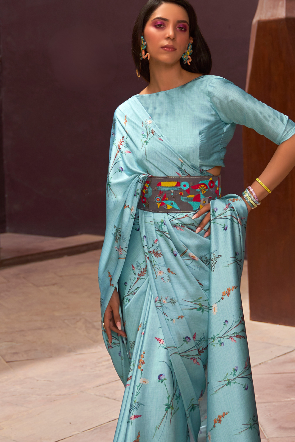 Digital Printed Satin Creep Saree with Smooth Silken Drape