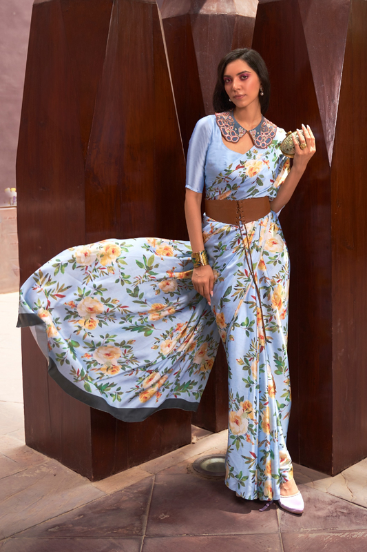 Digital Printed Satin Creep Saree with Smooth Silken Drape