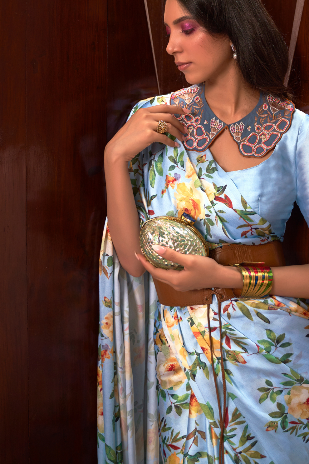 Digital Printed Satin Creep Saree with Smooth Silken Drape