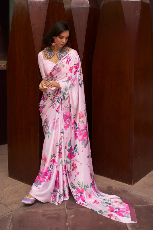 Digital Printed Satin Creep Saree with Smooth Silken Drape