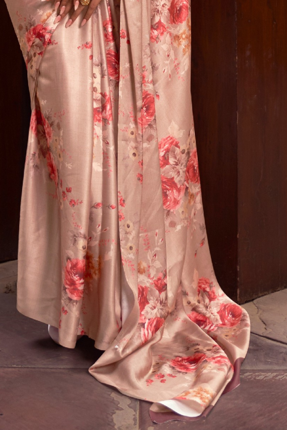 Digital Printed Satin Creep Saree with Smooth Silken Drape