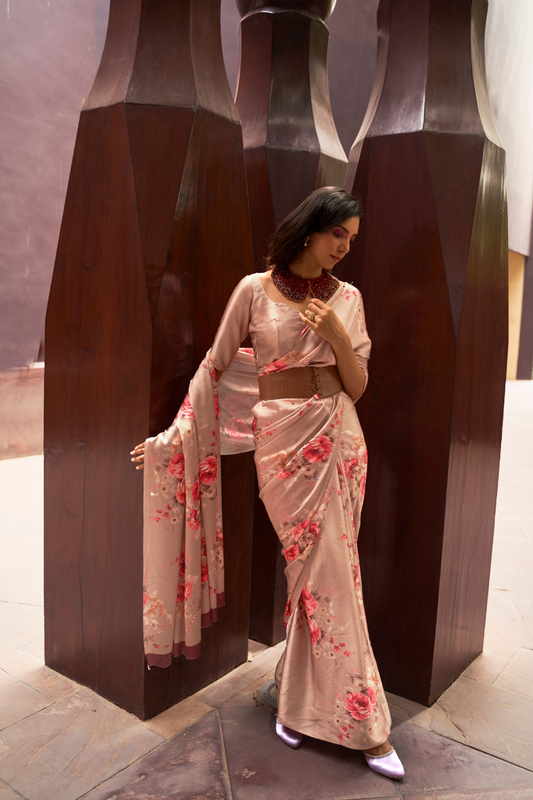 Digital Printed Satin Creep Saree with Smooth Silken Drape