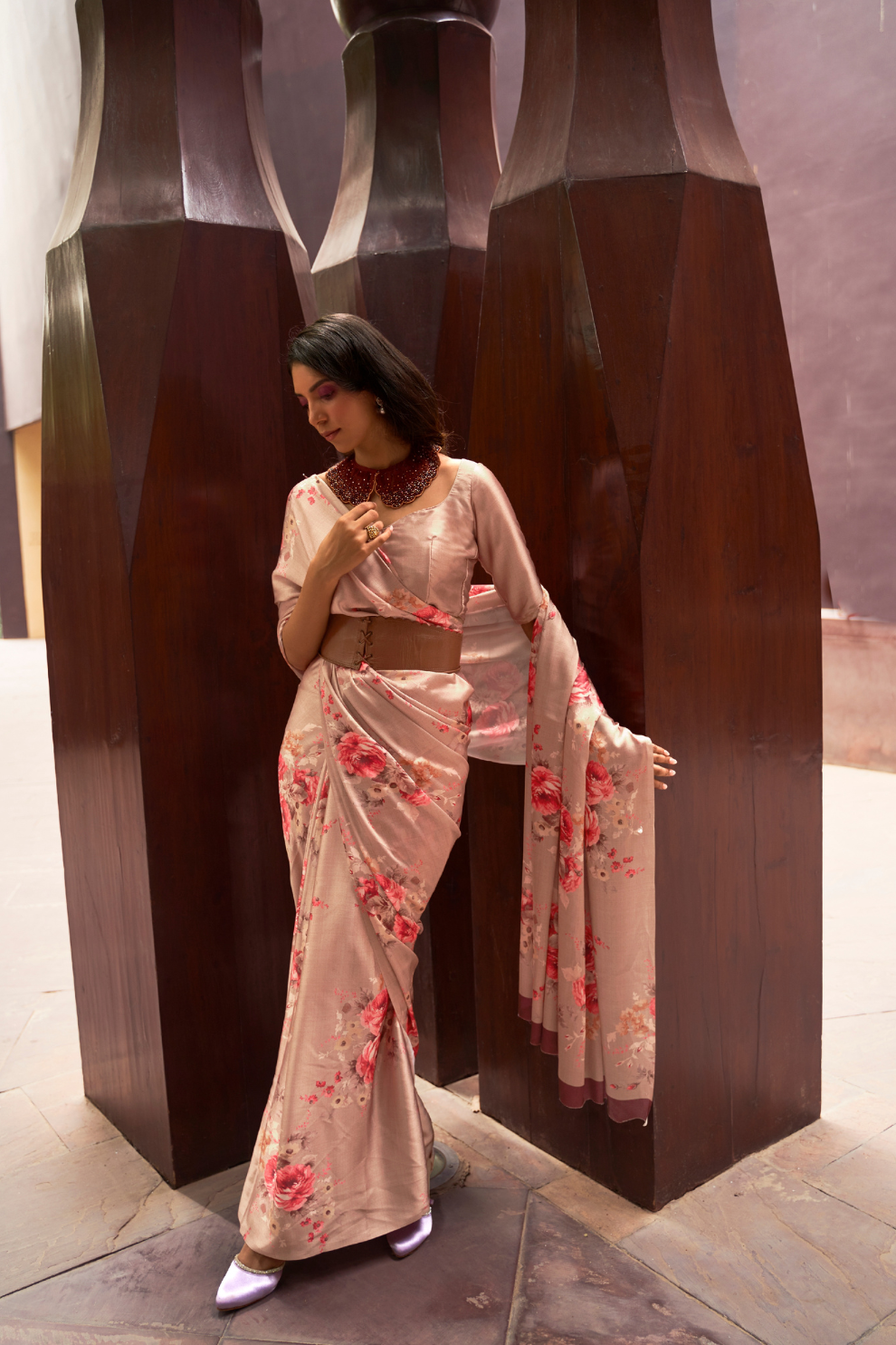 Digital Printed Satin Creep Saree with Smooth Silken Drape