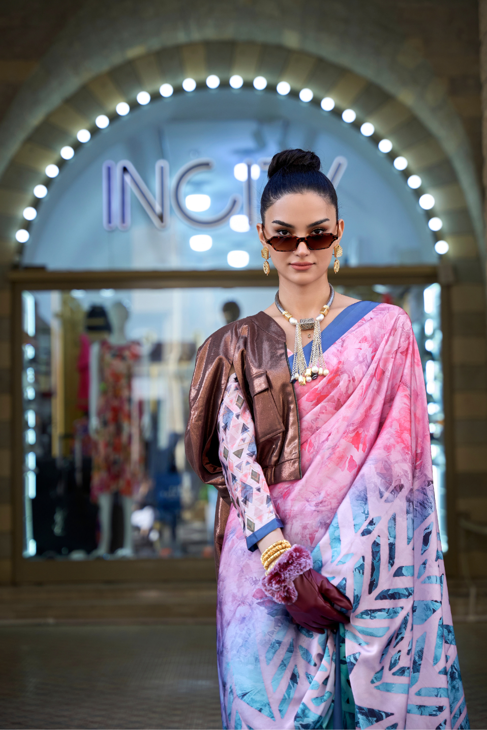 Digital Print Satin Crepe Saree with Soft Glossy Drape