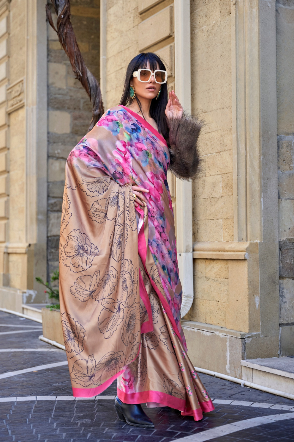 Digital Print Satin Crepe Saree with Soft Glossy Drape