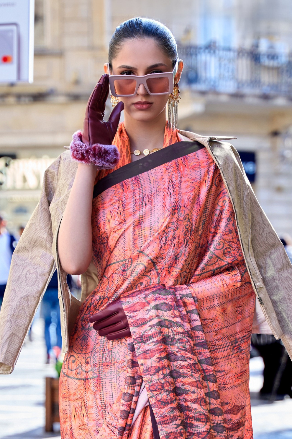 Digital Print Satin Crepe Saree with Soft Glossy Drape