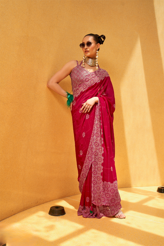 Daani Georgette Saree with Foil Print and Aqua Finish