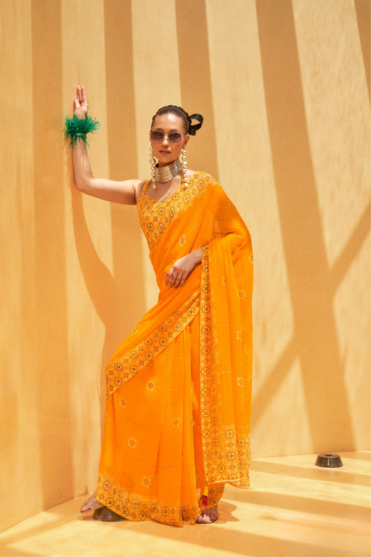 Daani Georgette Saree with Foil Print and Aqua Finish