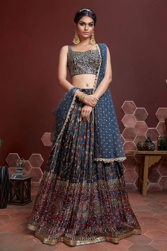 Chiffon Lehenga Choli with Embroidery and Sparkling Embellishments