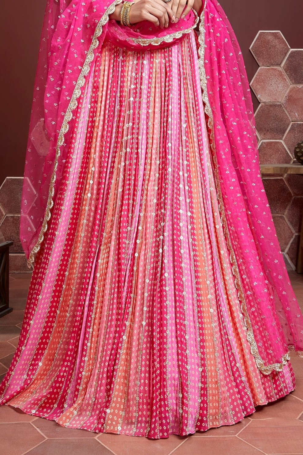 Chiffon Lehenga Choli with Embroidery and Sparkling Embellishments
