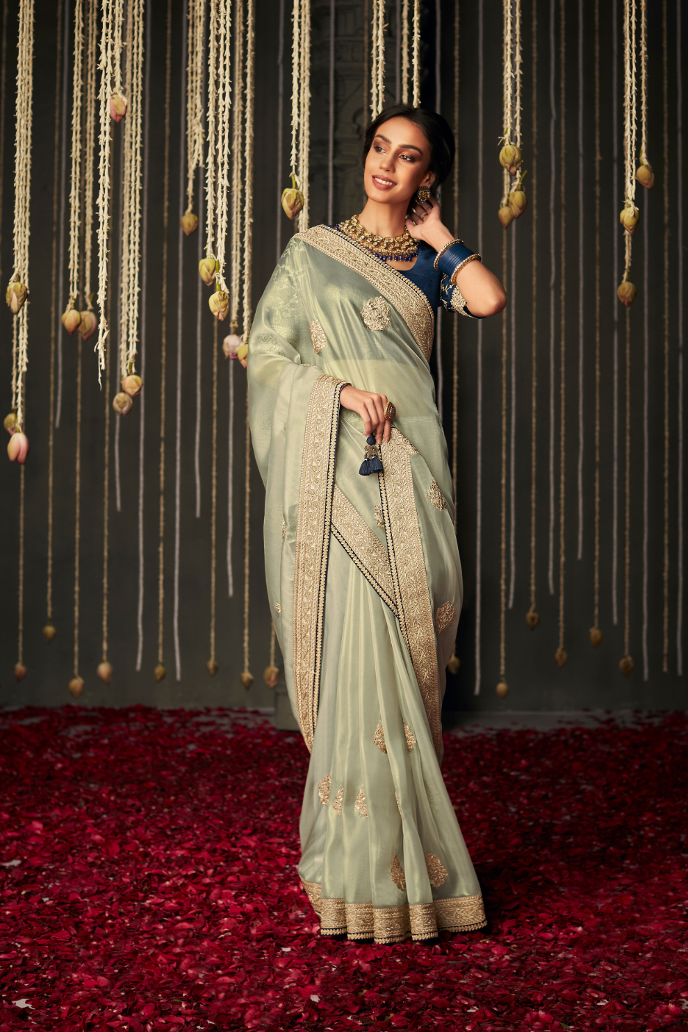 Elegance Embroidered Organza Silk Ensemble with Delicate Detailing