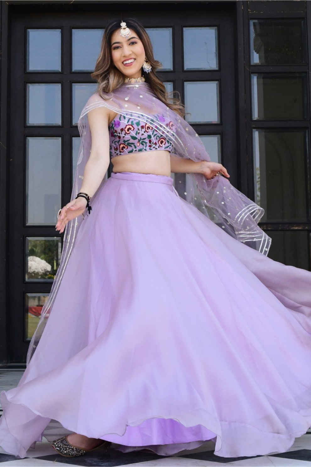 Delicate Floral Print Organza Lehenga Choli in Flared Style