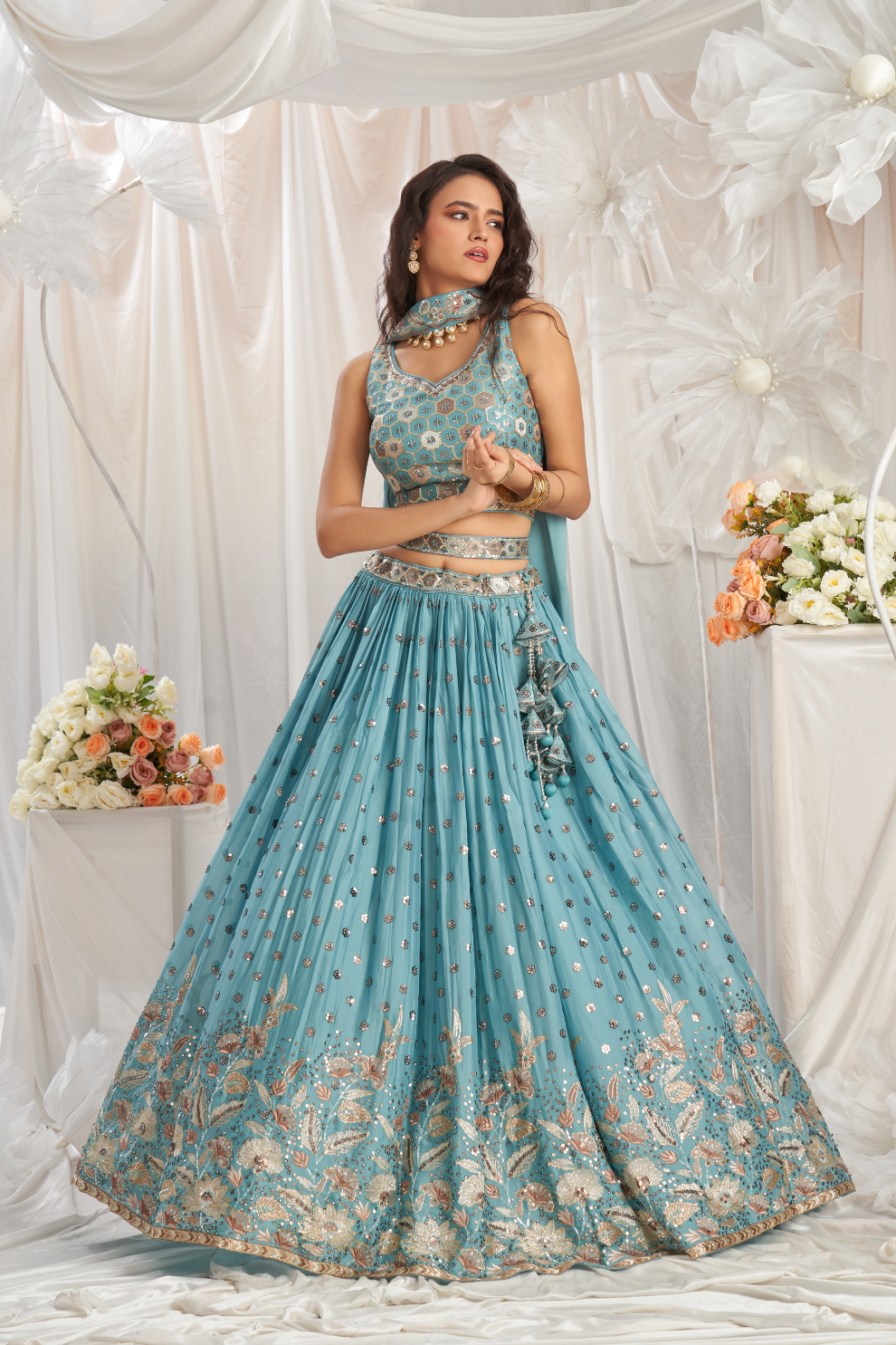 Georgette Sequin Embroidered Semi-Stitched Lehenga Choli & Dupatta