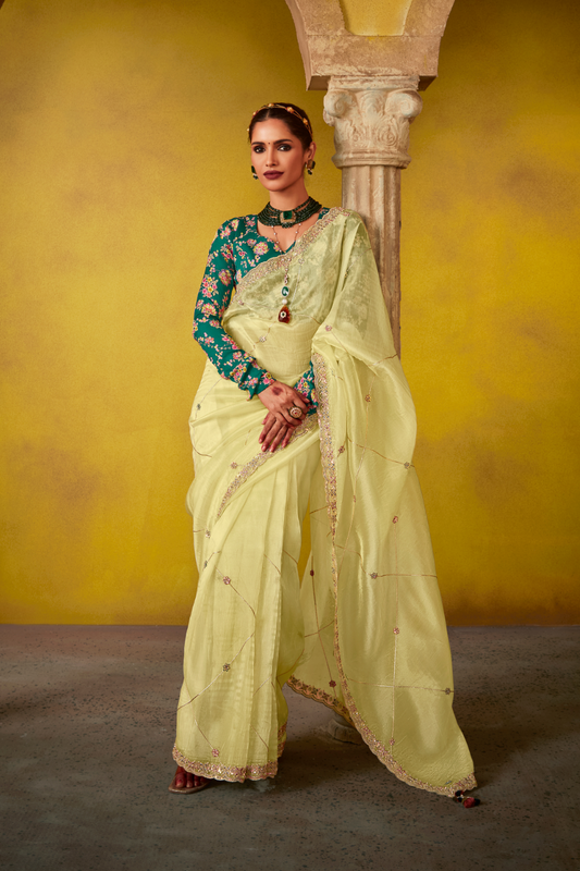 Tissue Silk Embroidered Saree with Sequins and Beads Work