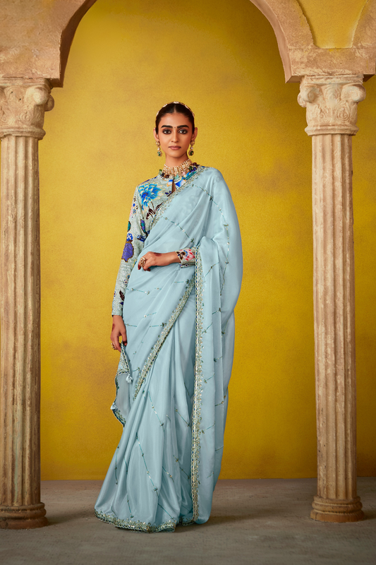 Tissue Silk Embroidered Saree with Sequins and Beads Work