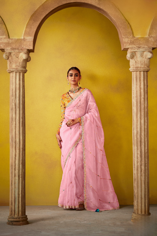 Tissue Silk Embroidered Saree with Sequins and Beads Work