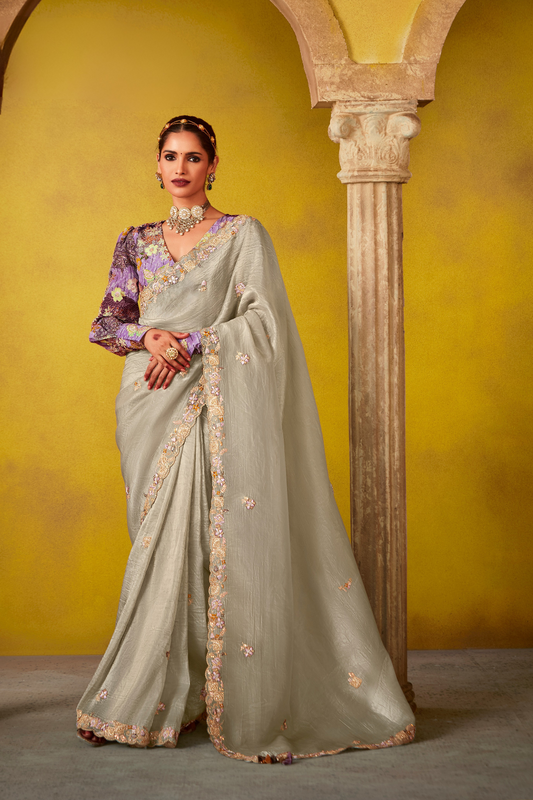Tissue Silk Embroidered Saree with Sequins and Beads Work