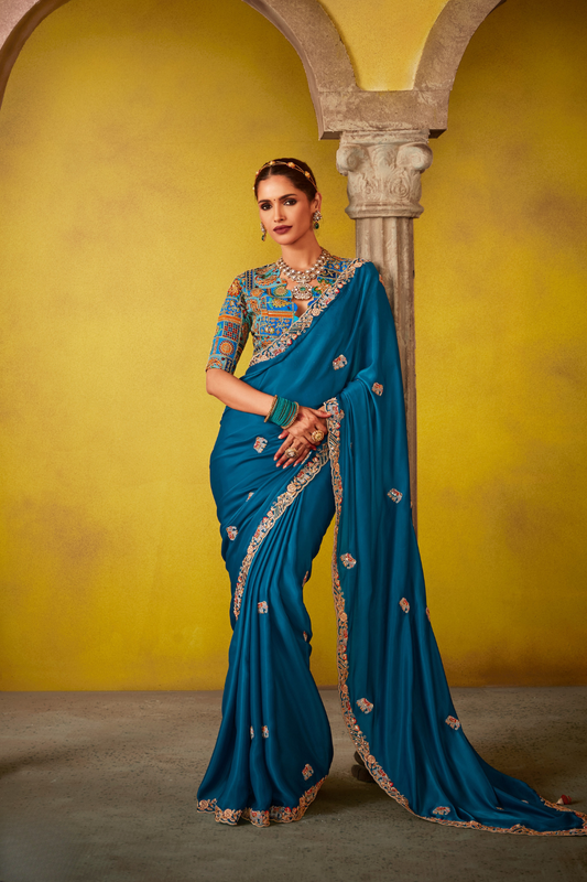 Tissue Silk Embroidered Saree with Sequins and Beads Work