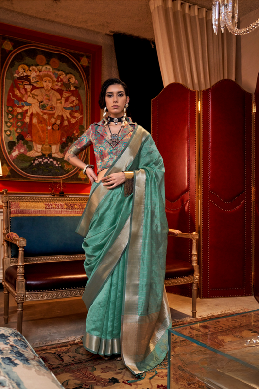 Handwoven Moss Chiffon Saree with Heavy Jacquard Blouse