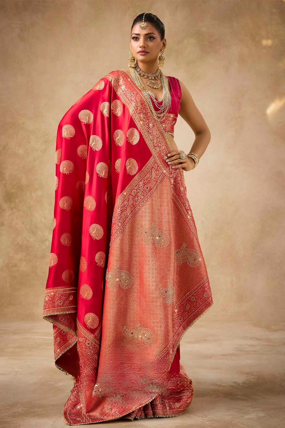 Designer Bridal Saree – Heavy Zardozi Border with Zircon & Kaanch Work