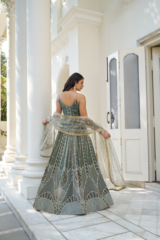 Graceful Thread and Sequin Embroidered Net Lehenga for Parties