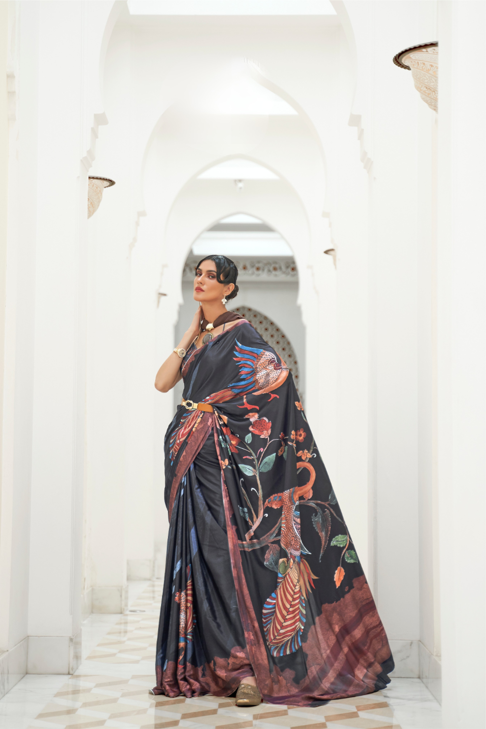 Digital Floral Printed Crepe Silk Saree with Graceful Drape