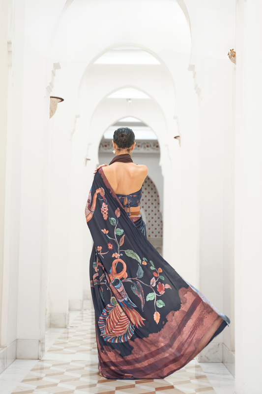 Digital Floral Printed Crepe Silk Saree with Graceful Drape