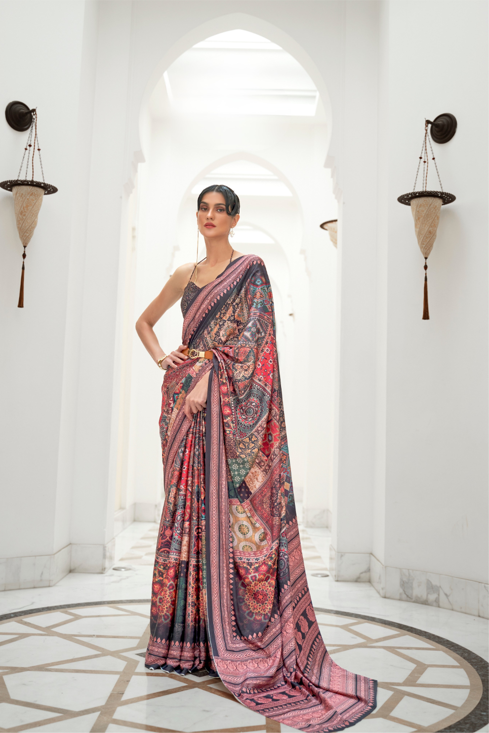Digital Floral Printed Crepe Silk Saree with Graceful Drape
