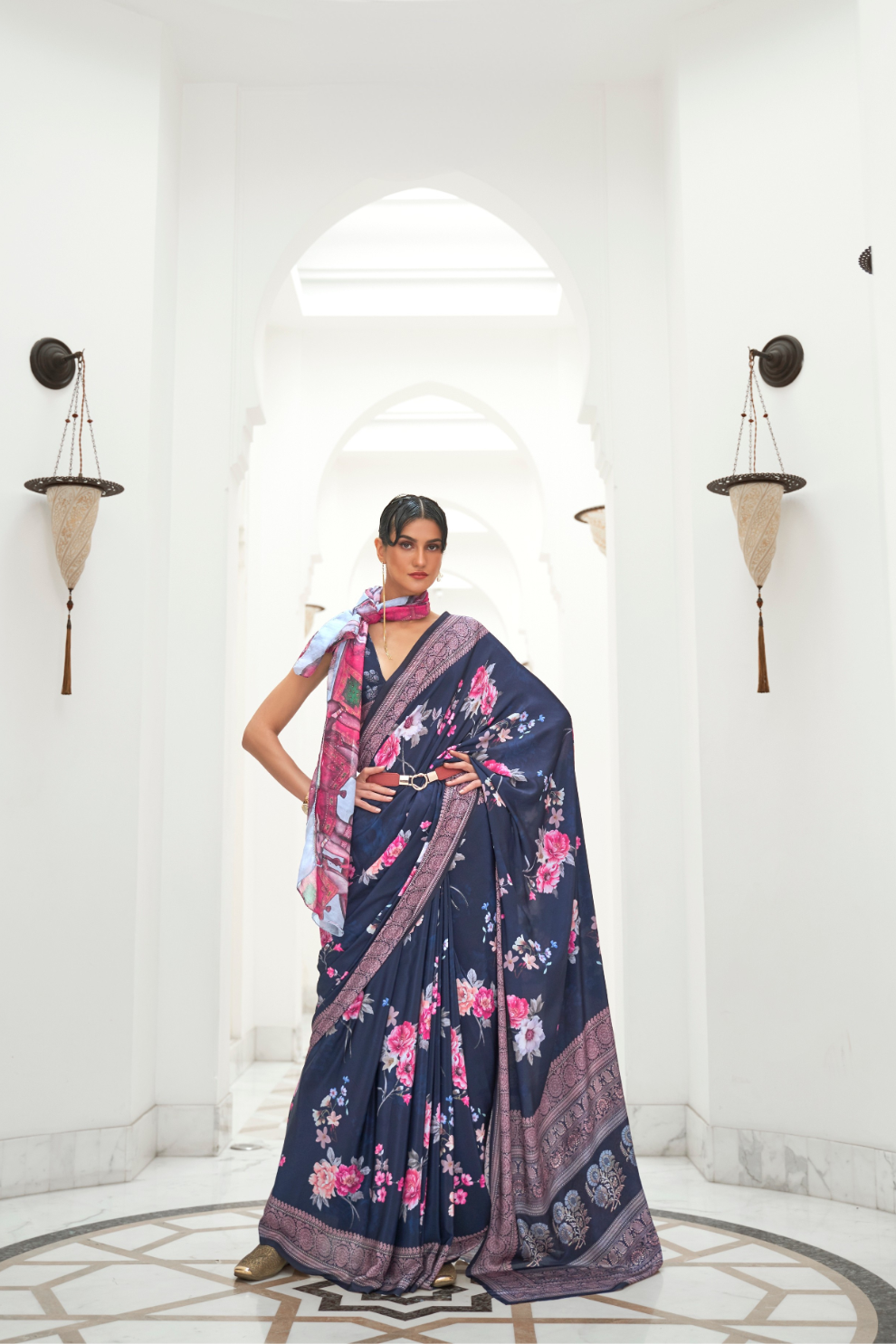 Digital Floral Printed Crepe Silk Saree with Graceful Drape