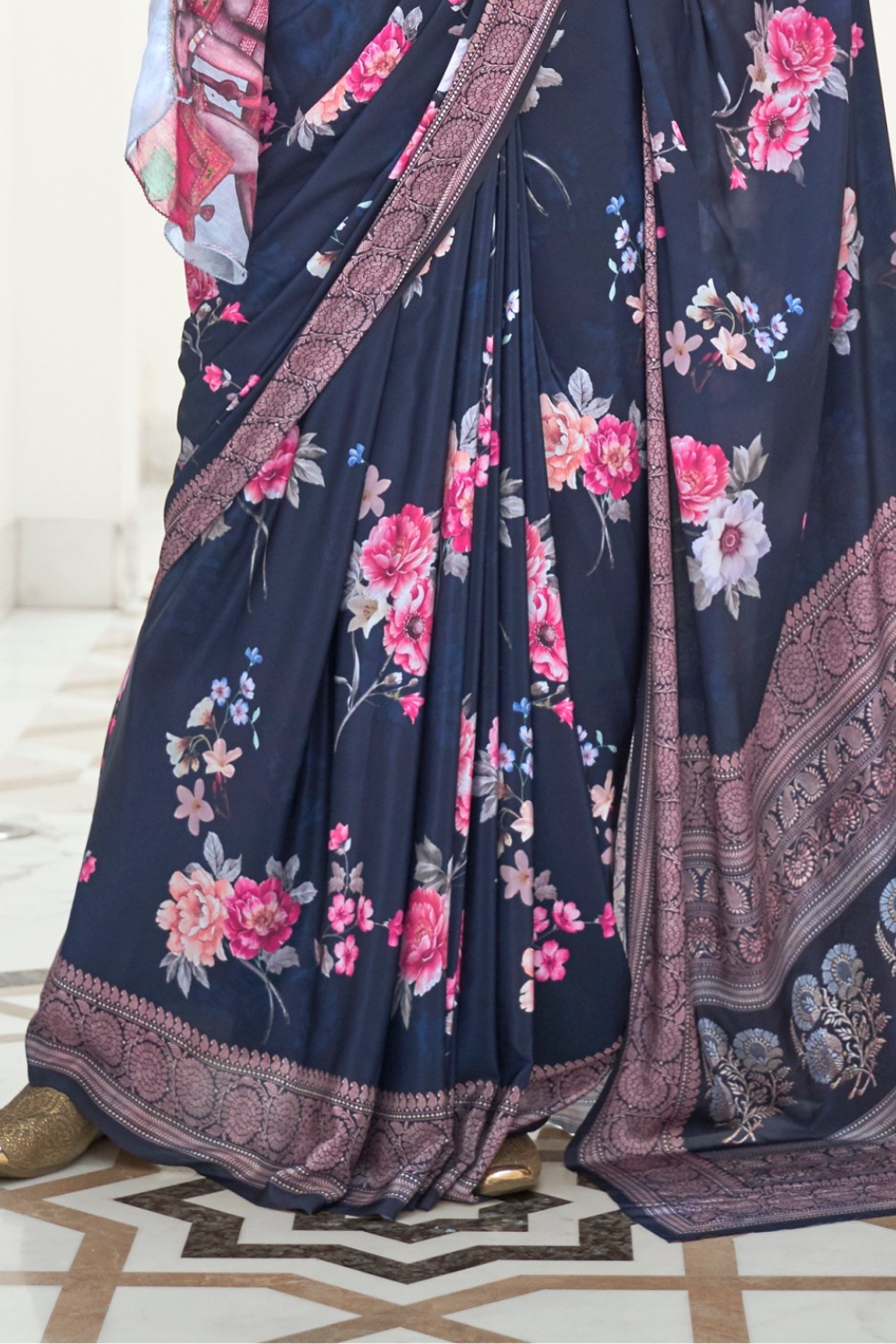 Digital Floral Printed Crepe Silk Saree with Graceful Drape