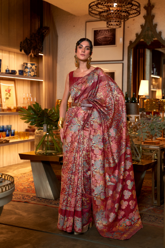 Floral Zari Silk Blend Banarasi Saree with Elegant Weave