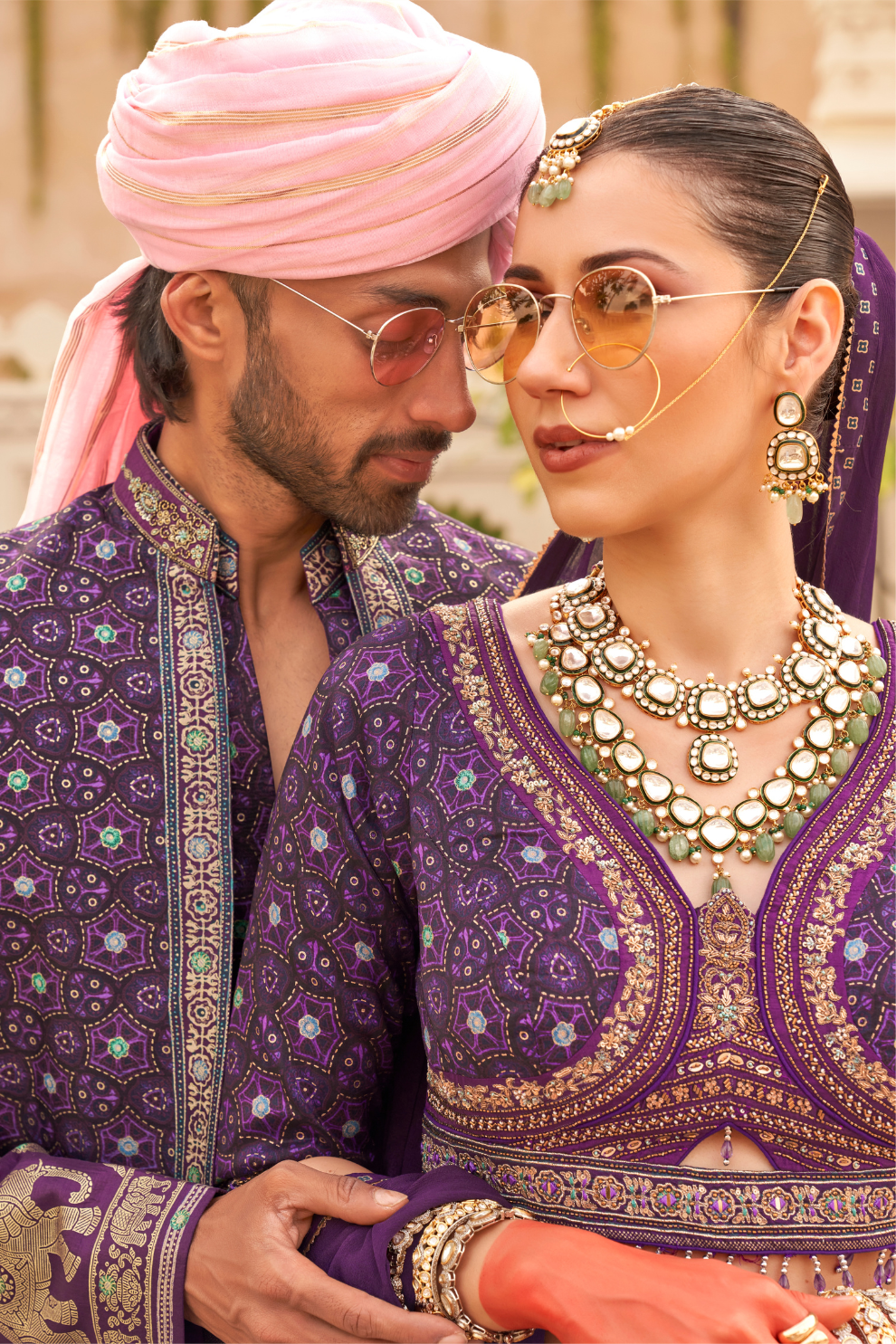 Regal Purple Bridal Lehenga & Floral Print Kurta Set for Couple - LaVante Fashion