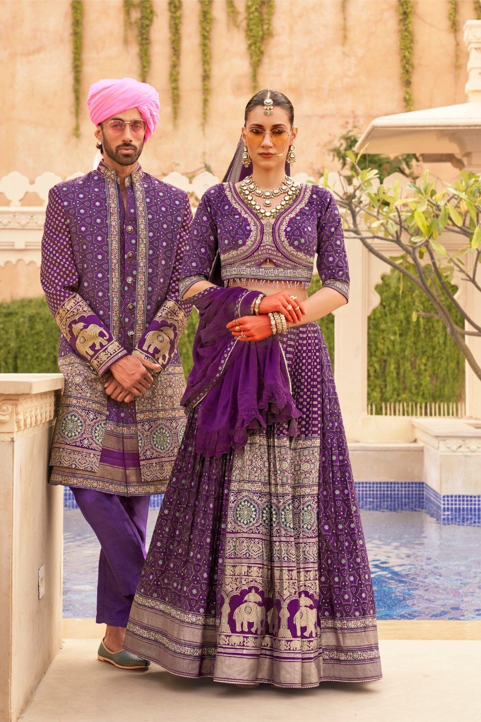 Regal Purple Bridal Lehenga & Floral Print Kurta Set for Couple - LaVante Fashion