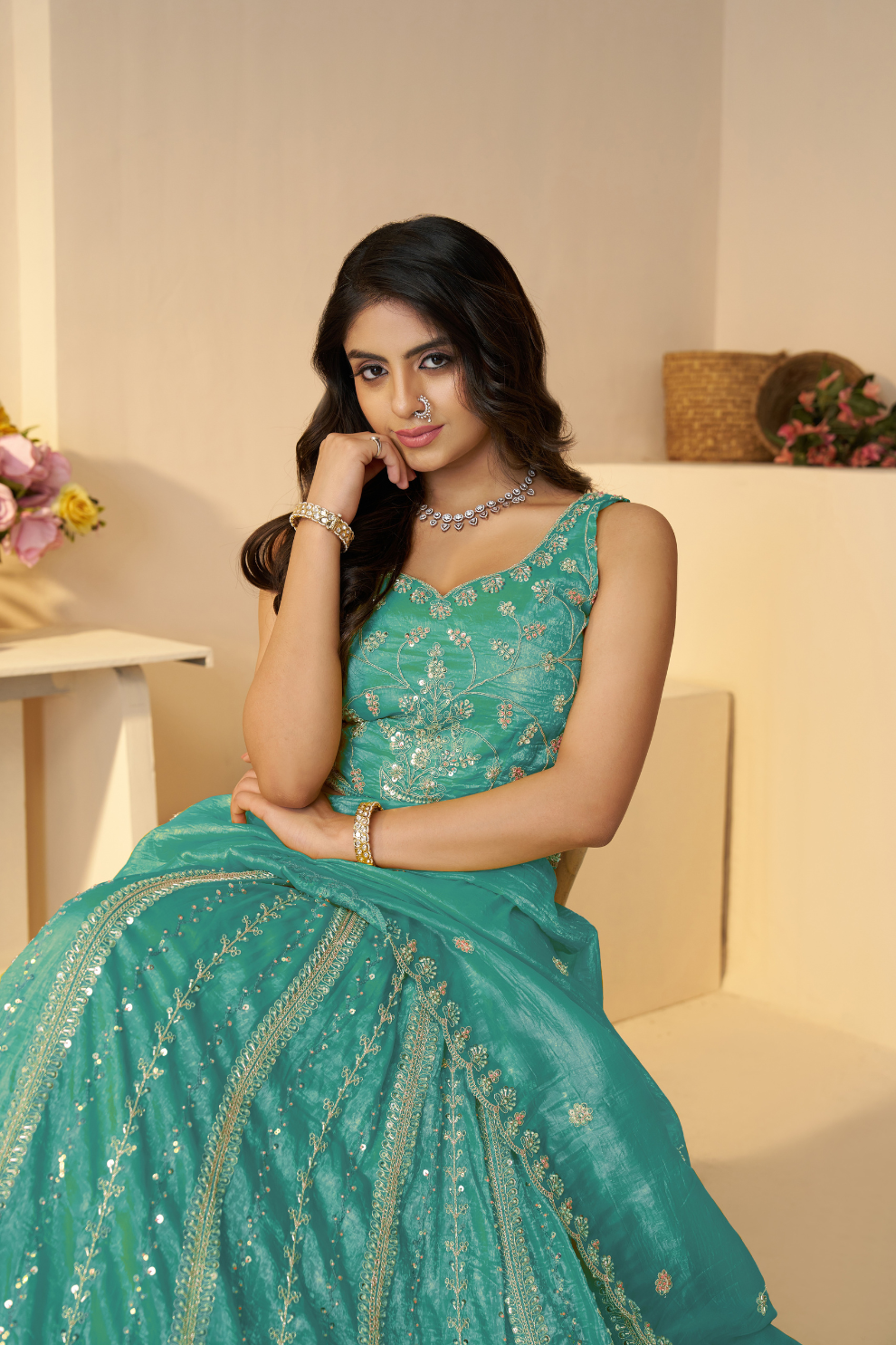 Elegant Designer Mehendi Lehenga with Intricate Sequins and Cut Dana Detailing