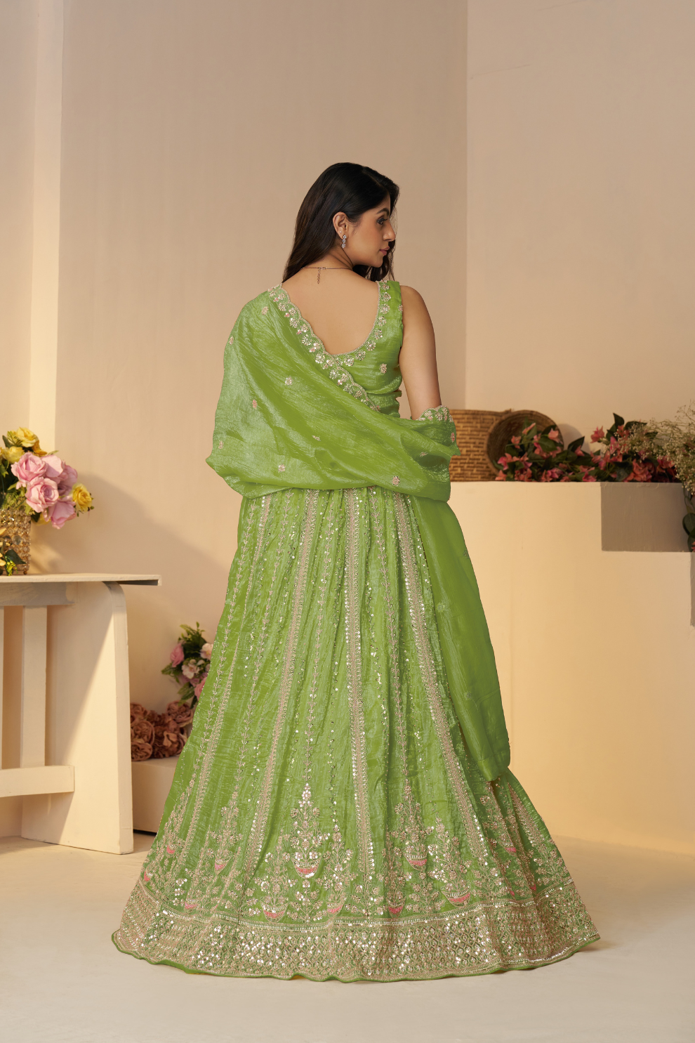 Elegant Designer Mehendi Lehenga with Intricate Sequins and Cut Dana Detailing