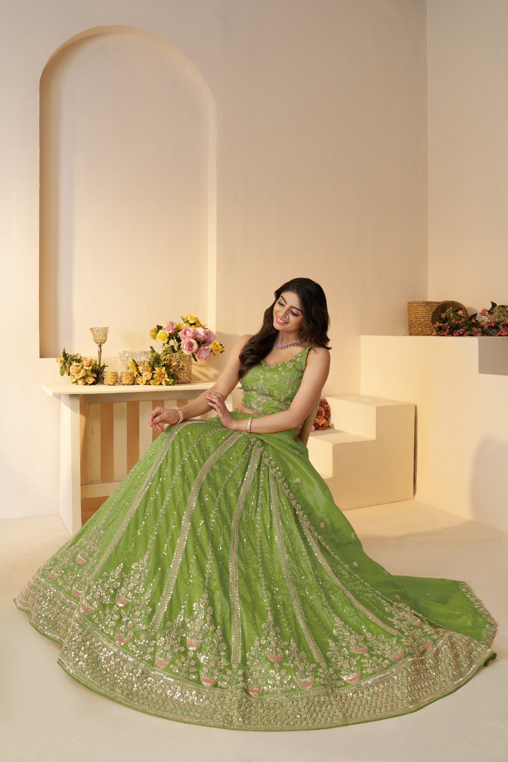 Elegant Designer Mehendi Lehenga with Intricate Sequins and Cut Dana Detailing