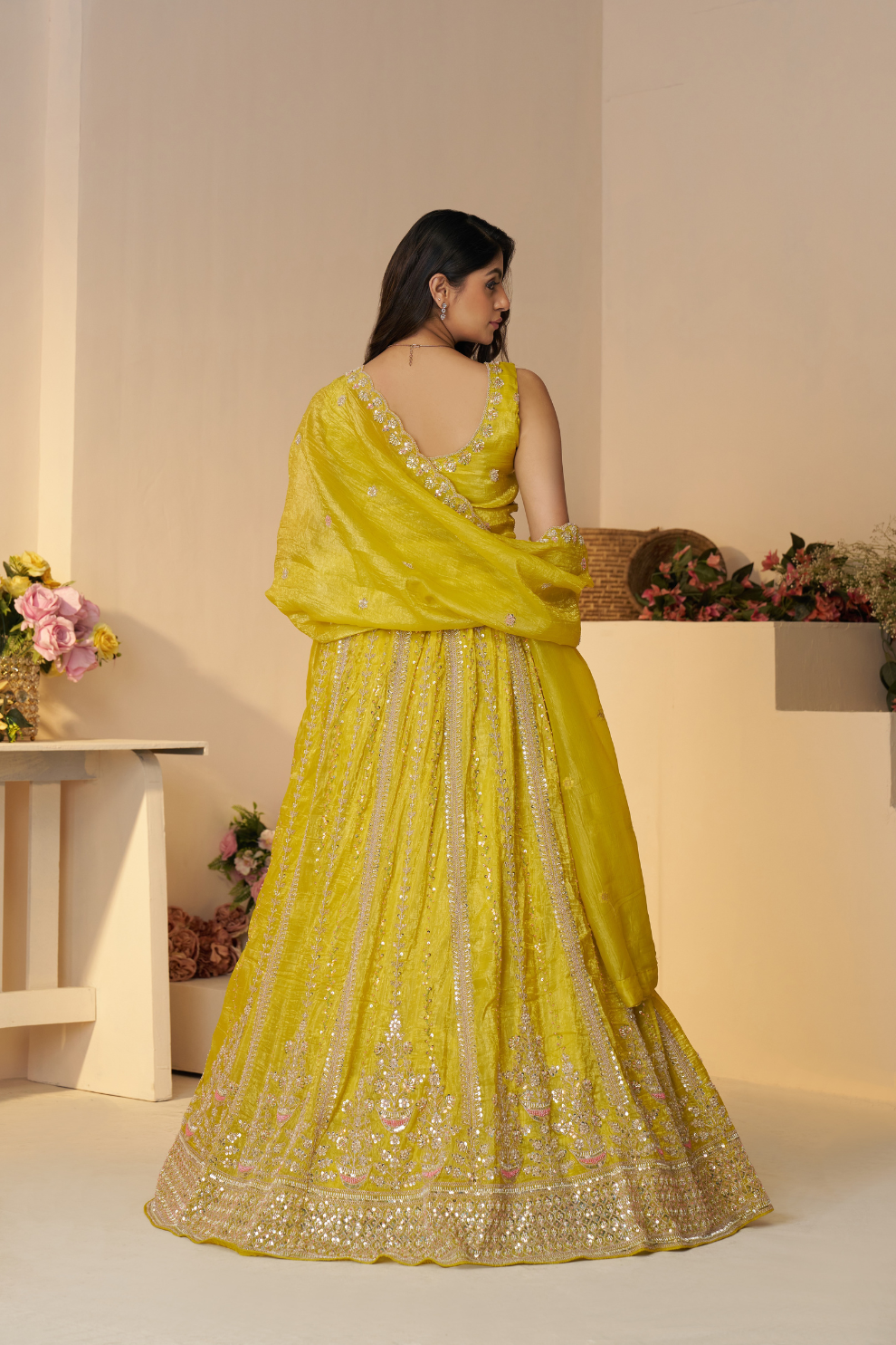 Elegant Designer Mehendi Lehenga with Intricate Sequins and Cut Dana Detailing