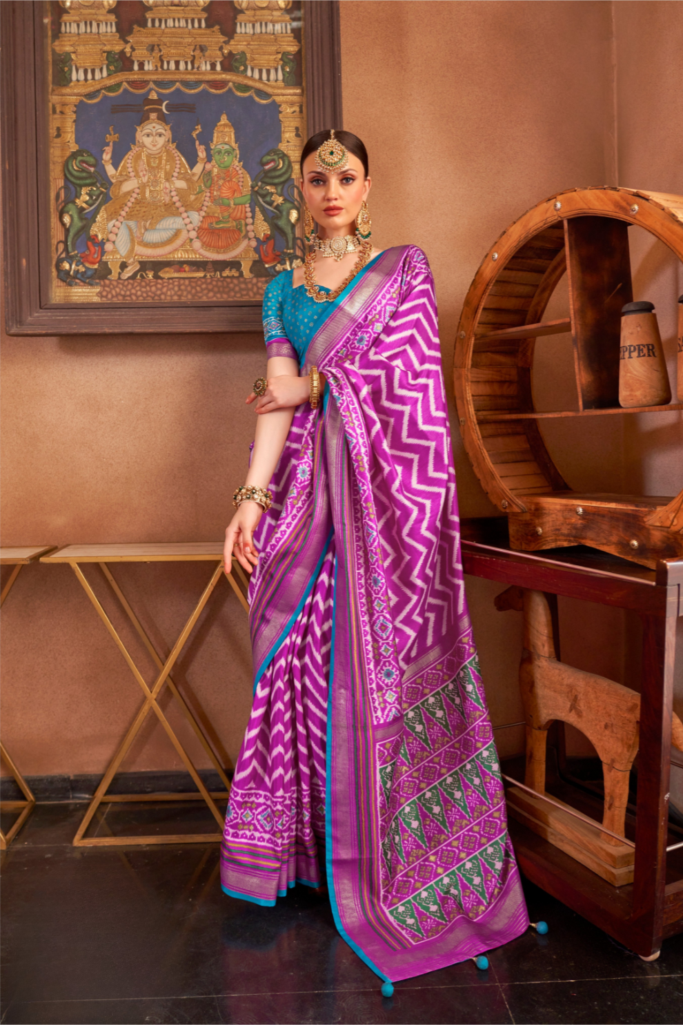 Gold Printed Patola Style Saree in Premium Sigma Silk