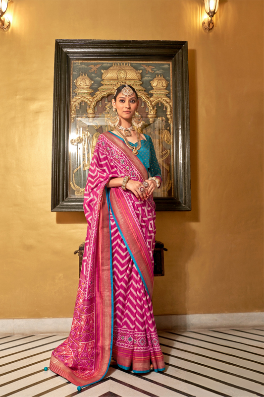 Gold Printed Patola Style Saree in Premium Sigma Silk