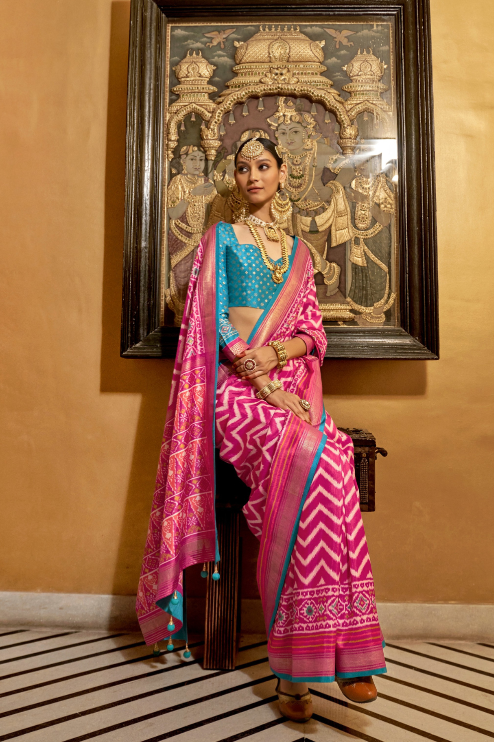 Gold Printed Patola Style Saree in Premium Sigma Silk