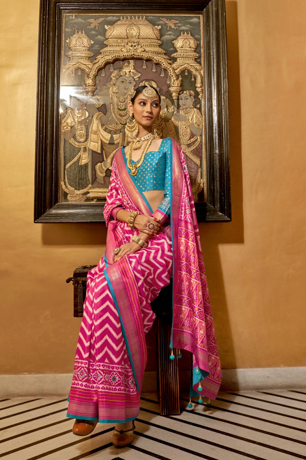 Gold Printed Patola Style Saree in Premium Sigma Silk