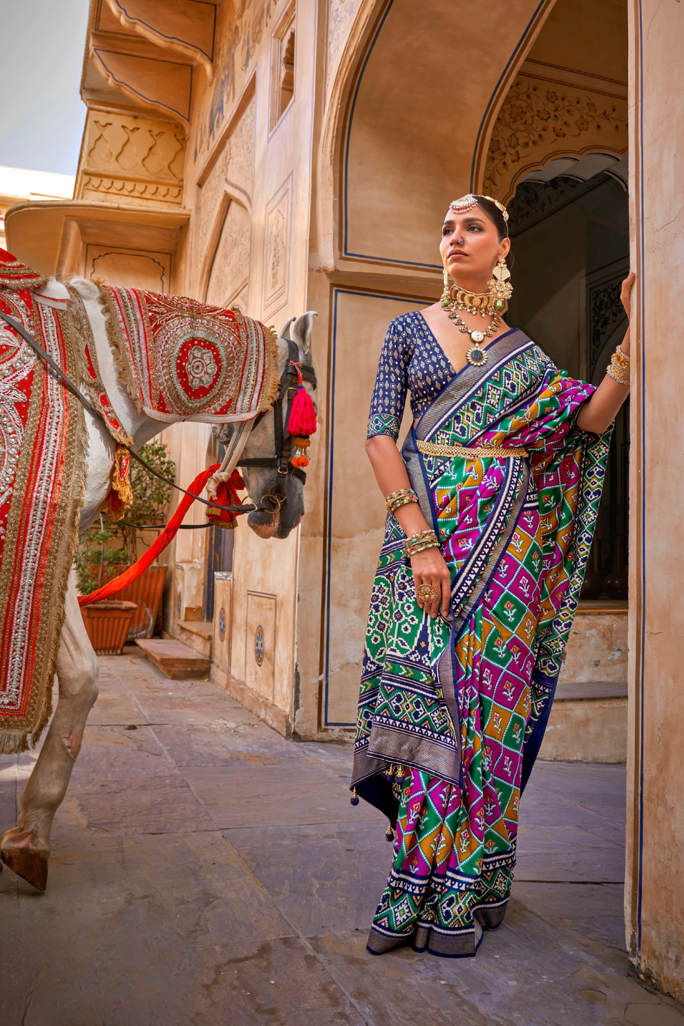 Elegant Patola Design Saree in Mercerized Silk with Gold Print