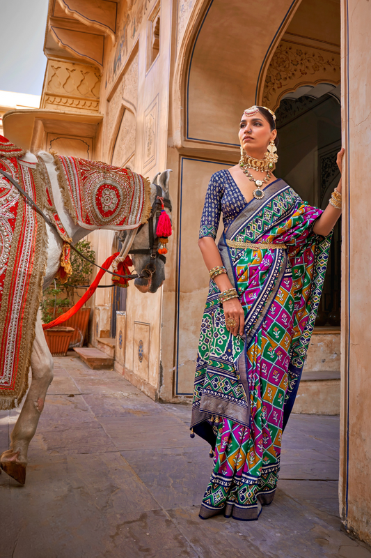 Elegant Patola Design Saree in Mercerized Silk with Gold Print